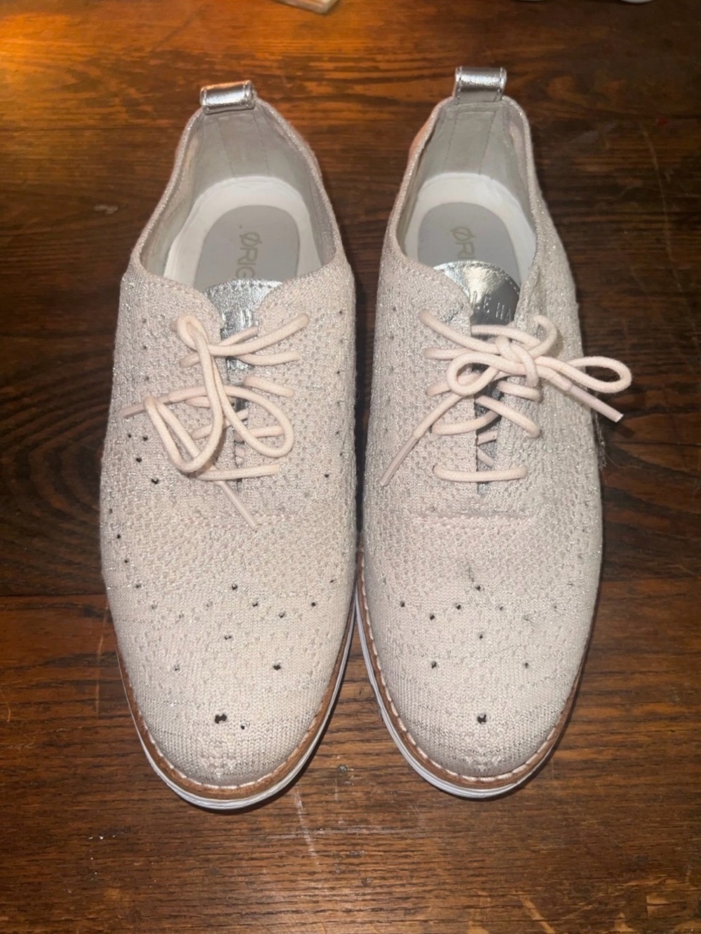 Cole Haan Women's Knit Lace-Up Flats in Light Pink with Silver Accents size 6